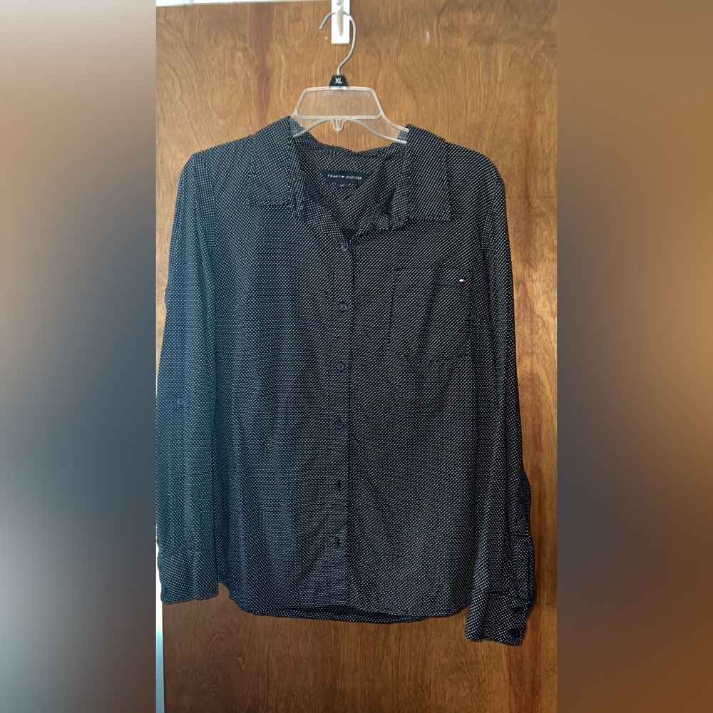 Tommy Hilfiger blue and white polka dot button up